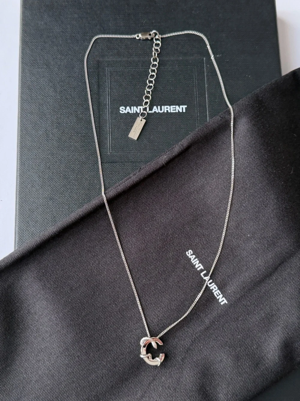 Saint Laurent YSL Sterling Silver C Initial Letter Snake Pendant Chain Necklace